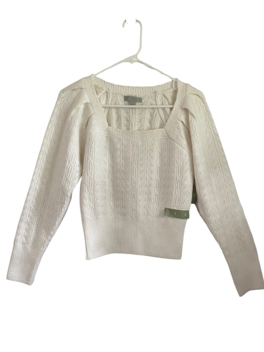 Ryegrass Pale Ecru Pointelle Square Neck Puff/Pleat Sleeve Sweater XS New